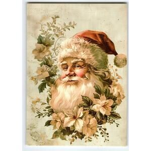 Vintage Lithograph Christmas Postcard Cute Santa Claus Floral Design 5.5x4